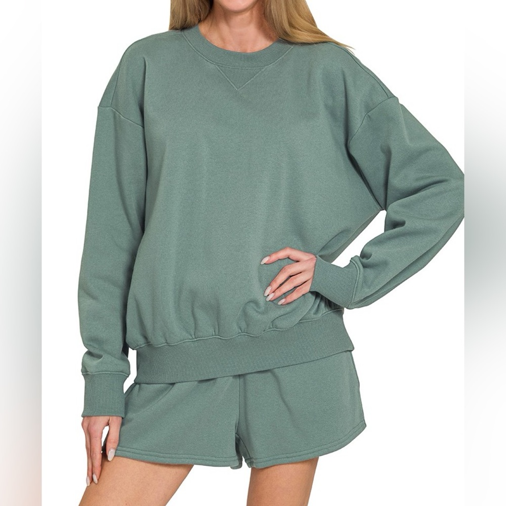 NWT Zenana Fleece Matching Long Sleeve Sweatshirt & Shorts Lounge Set Ash Jade